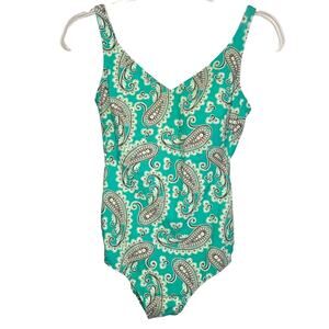 ANITA Paisley One-Piece Swimsuit V-Neck Scoop Back Turquoise Multicolor Size 8